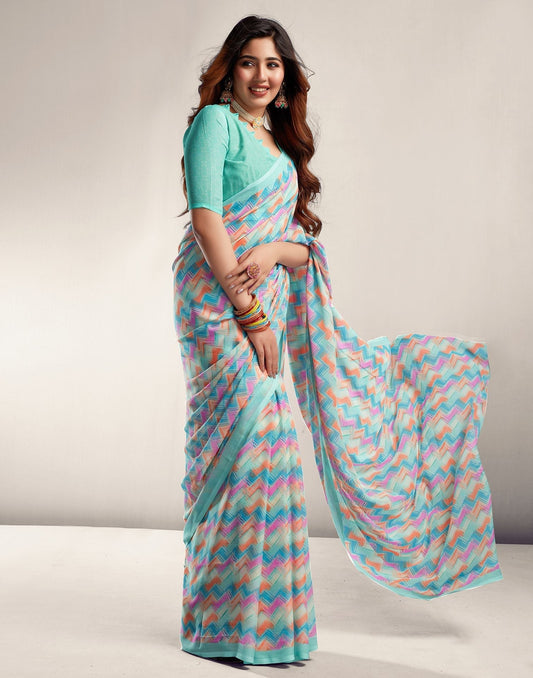 Turquoise Printed Georgette Saree 