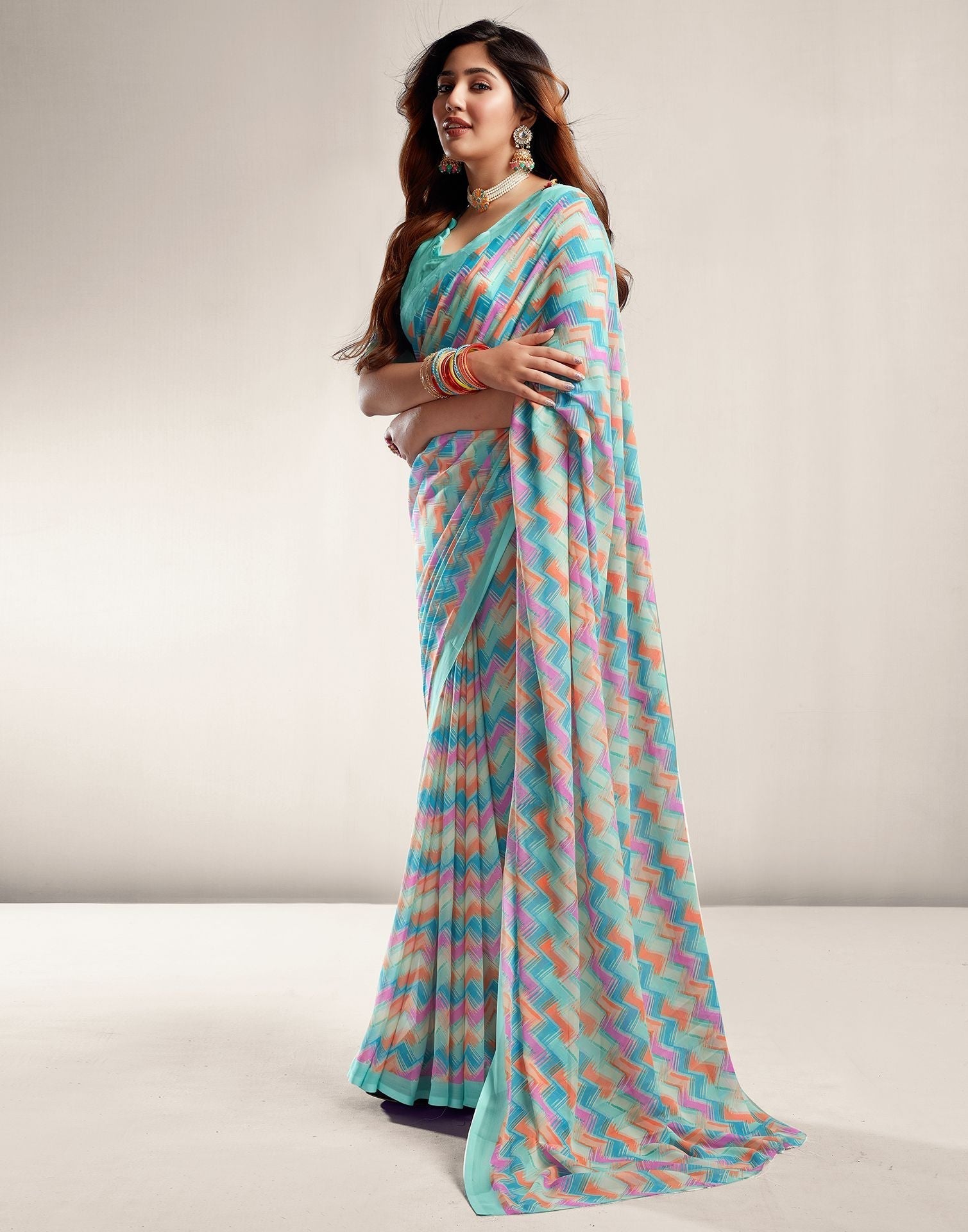 Turquoise Printed Georgette Saree 