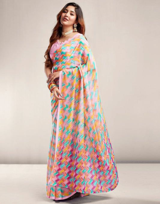 Light Yellow Printed Georgette Saree 