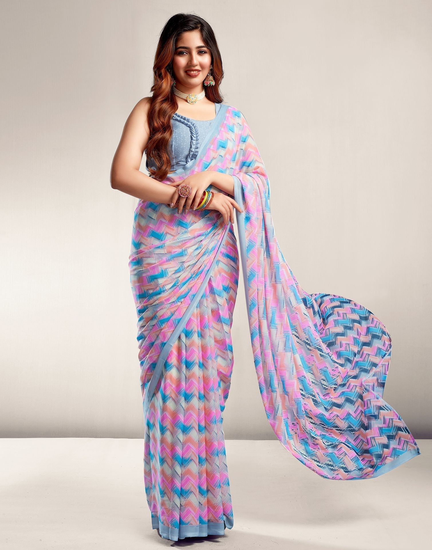 Grey Printed Georgette Saree 