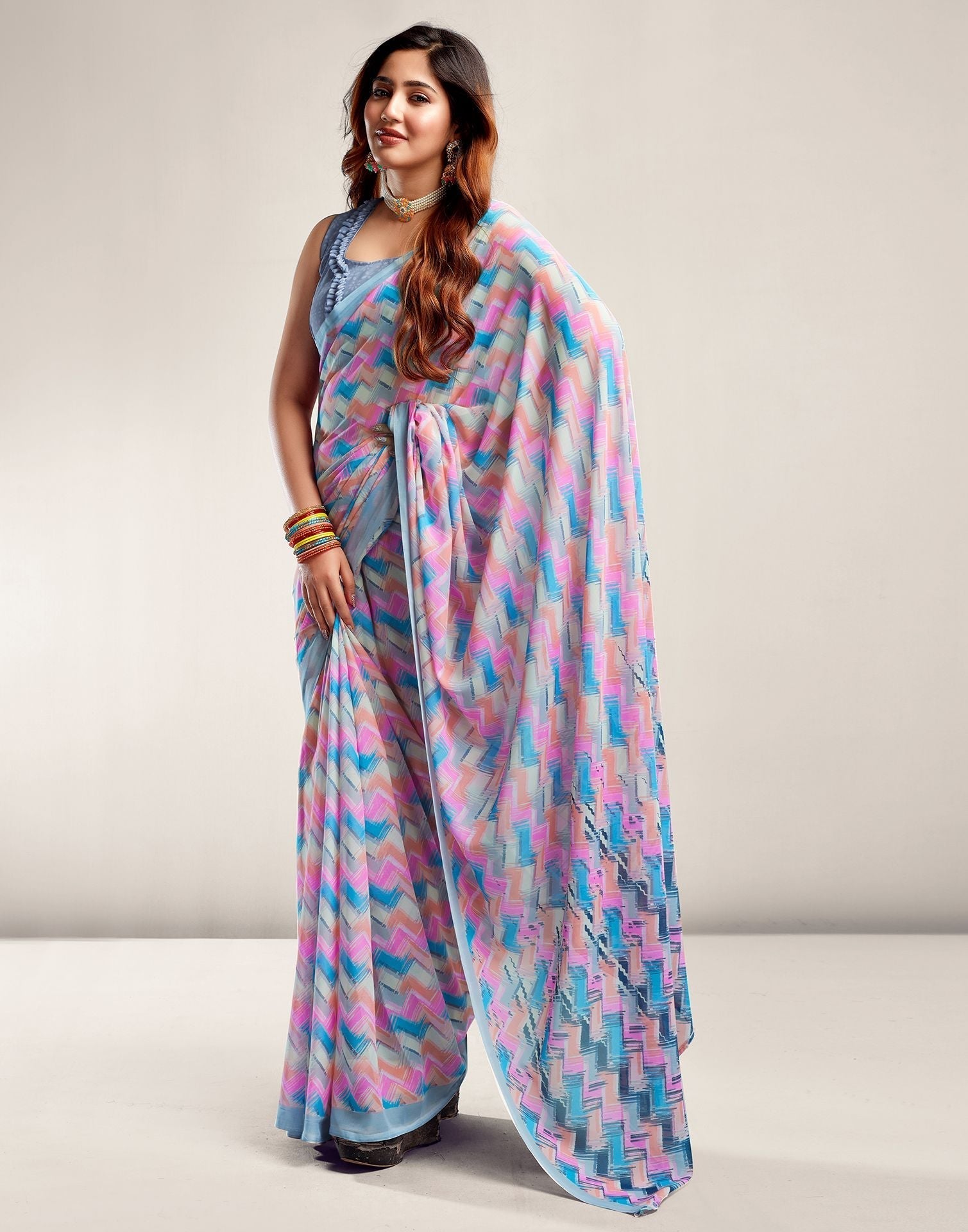 Grey Printed Georgette Saree 