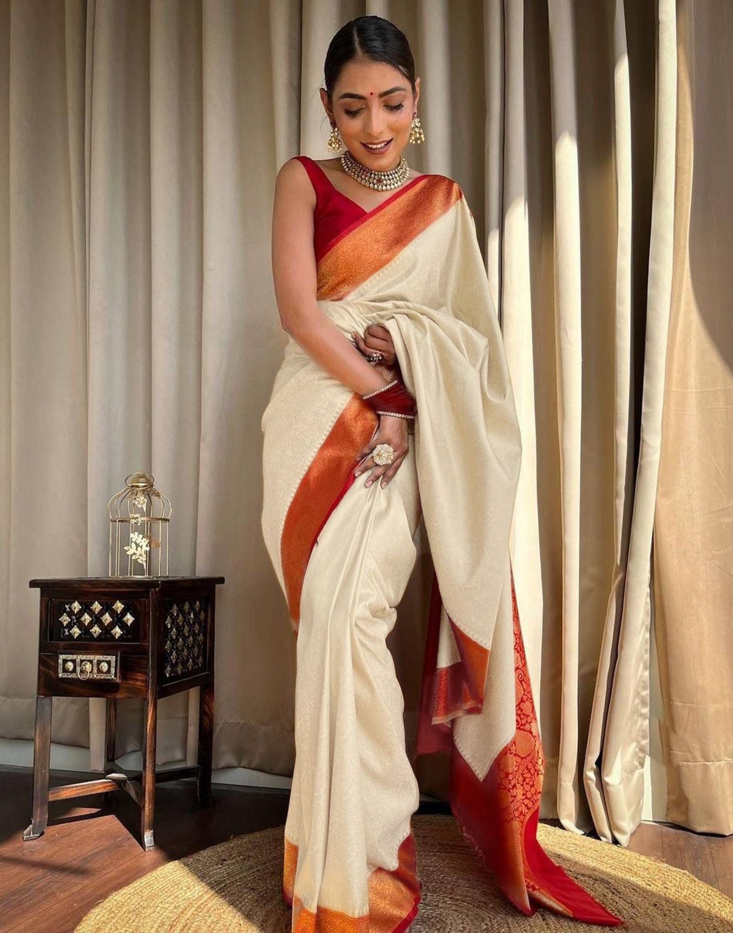 Cream Jacquard Silk Saree 