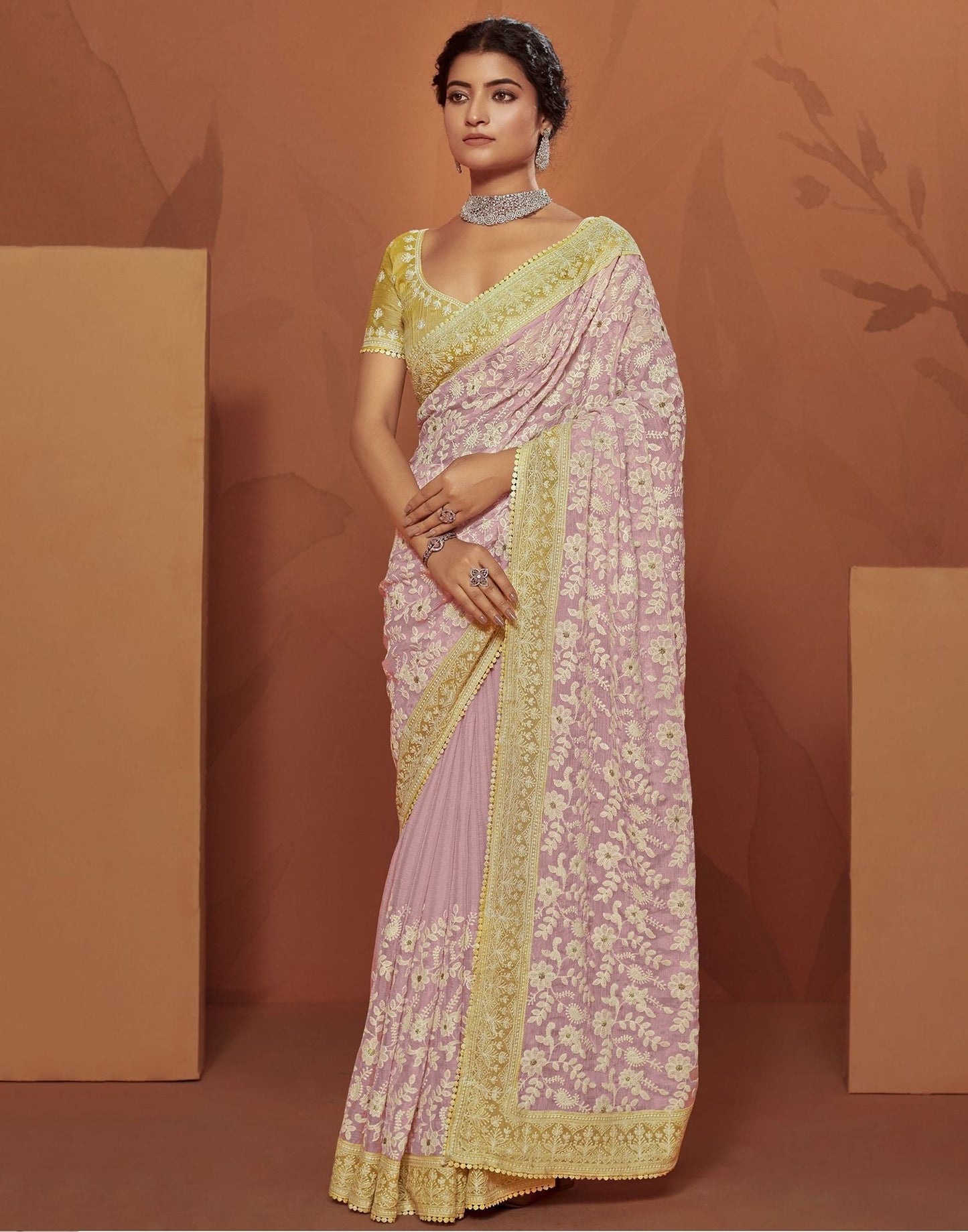 Light Pink Plain Chiffon Saree 