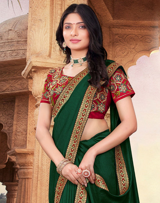 Dark Green Plain Silk Saree 