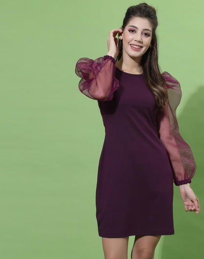 Wine Organza Puff Sleeve Bodycon