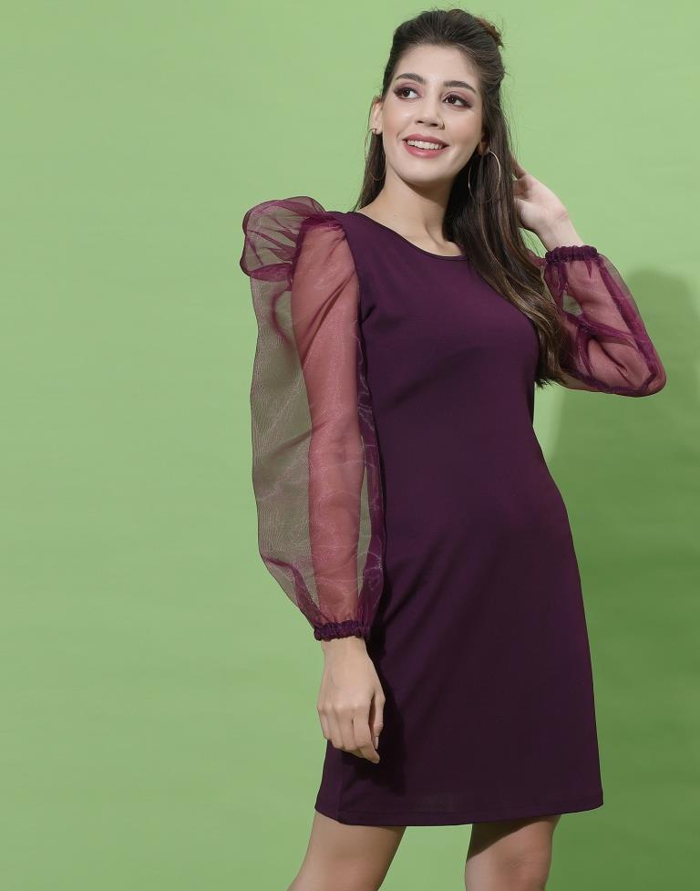 Wine Organza Puff Sleeve Bodycon