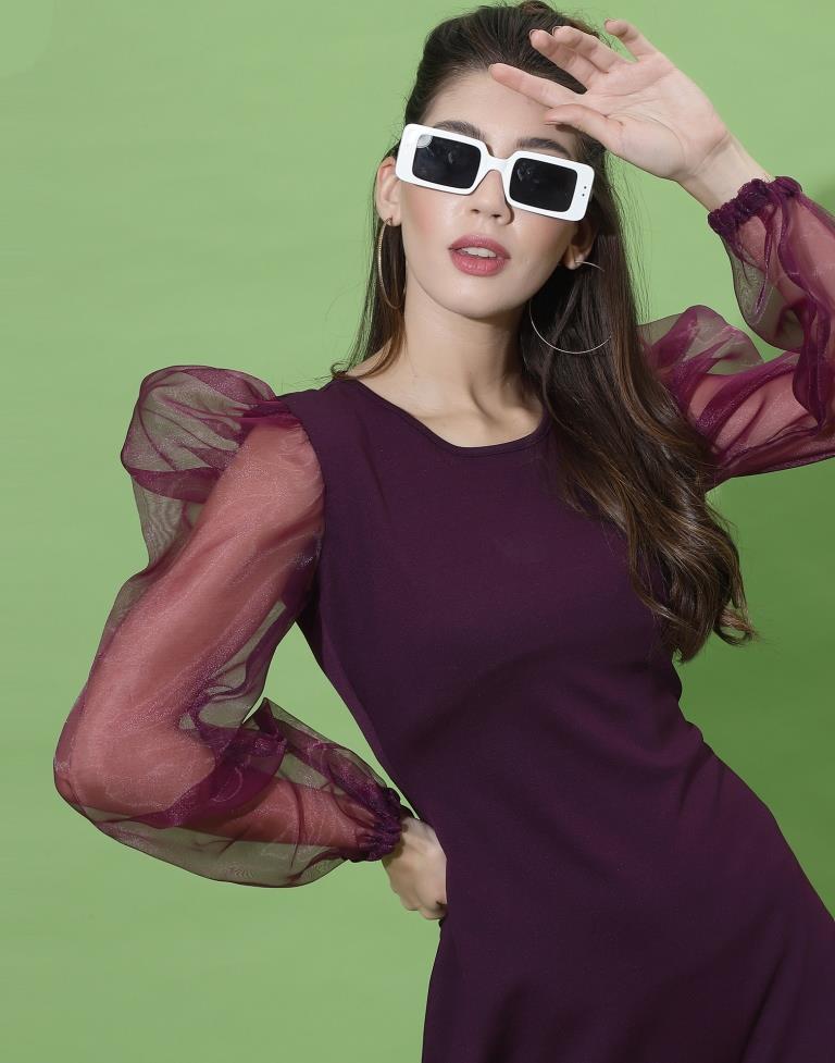 Wine Organza Puff Sleeve Bodycon