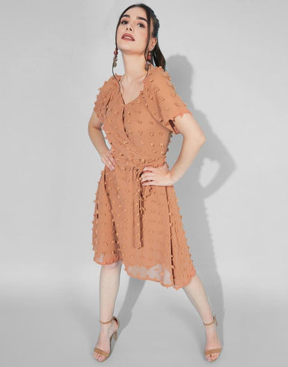 Rust Swiss Dot Overlap Collar Tie Front  Dress