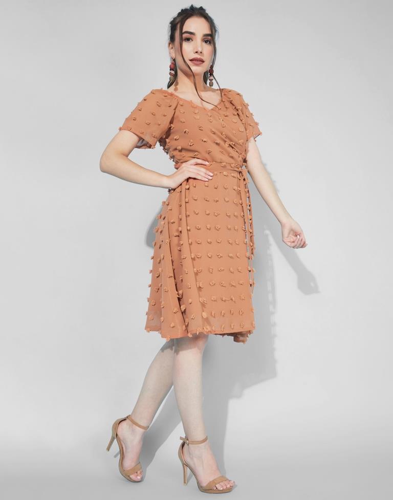 Rust Swiss Dot Overlap Collar Tie Front  Dress