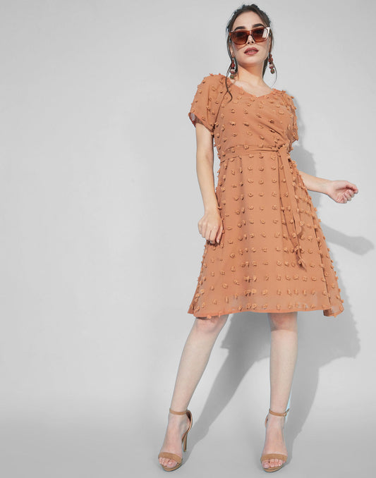 Rust Swiss Dot Overlap Collar Tie Front  Dress