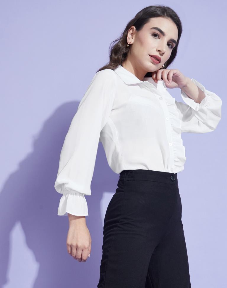 White Elastic Frill Sleeve Shirt