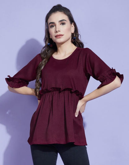 Wine Bell Sleeves Self Design Ruffles Top 