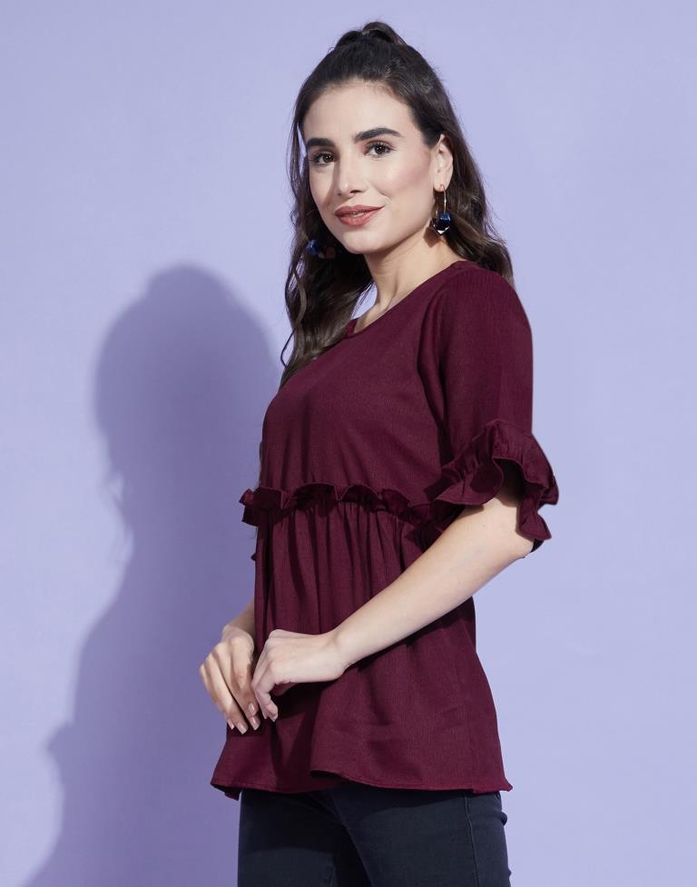 Wine Bell Sleeves Self Design Ruffles Top 