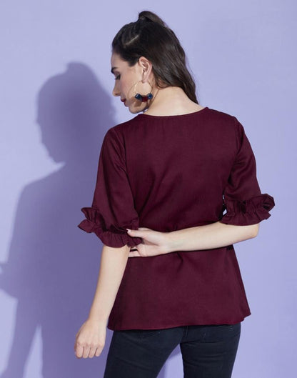 Wine Bell Sleeves Self Design Ruffles Top 