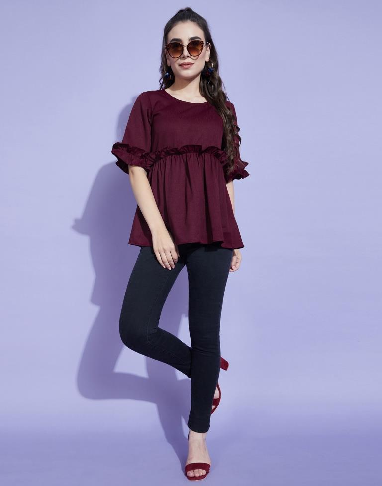 Wine Bell Sleeves Self Design Ruffles Top 