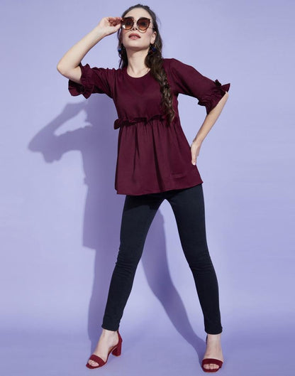 Wine Bell Sleeves Self Design Ruffles Top 