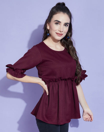 Wine Bell Sleeves Self Design Ruffles Top 