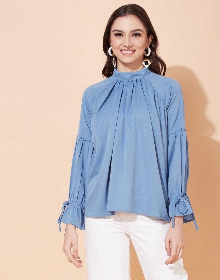 Sky Blue Braided Neck Top 