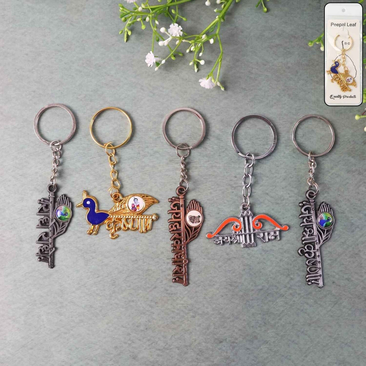 Krishna Theme Keychain Set (5 Pc Mix Design)