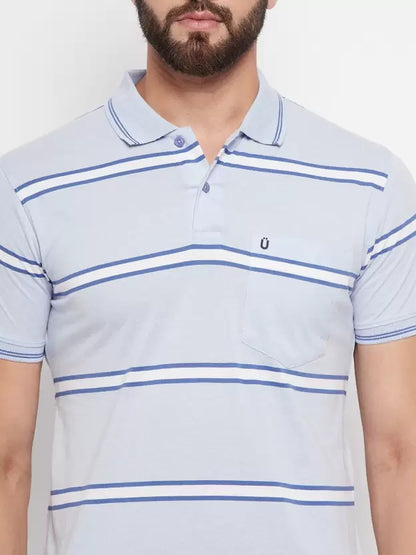 UNIBERRY Men Striped Polo Neck Cotton Blend Blue T-Shirt