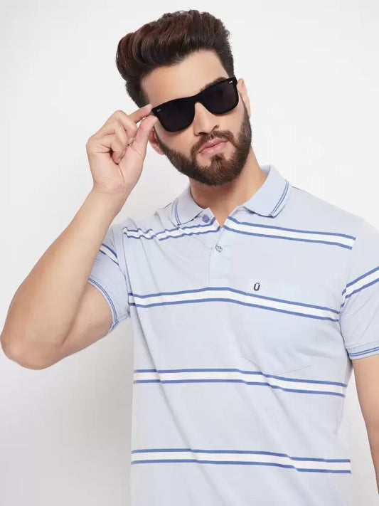 UNIBERRY Men Striped Polo Neck Cotton Blend Blue T-Shirt