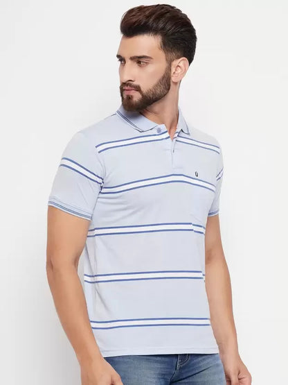 UNIBERRY Men Striped Polo Neck Cotton Blend Blue T-Shirt