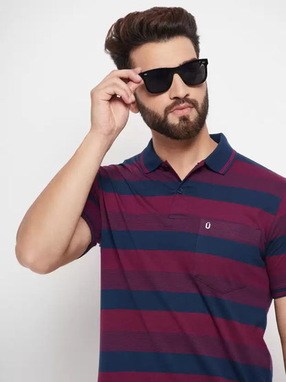 UNIBERRY Men Striped Polo Neck Cotton Blend Maroon T-Shirt