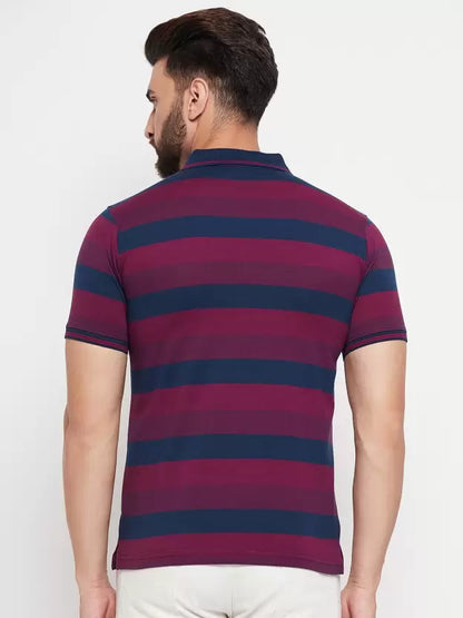 UNIBERRY Men Striped Polo Neck Cotton Blend Maroon T-Shirt