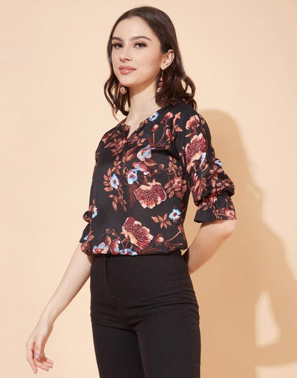 Black And Multicolour Floral Printed Top