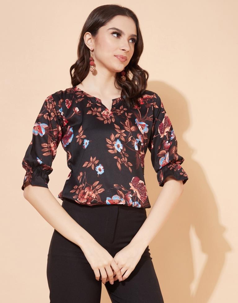 Black And Multicolour Floral Printed Top