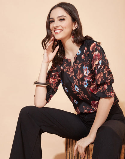 Black And Multicolour Floral Printed Top