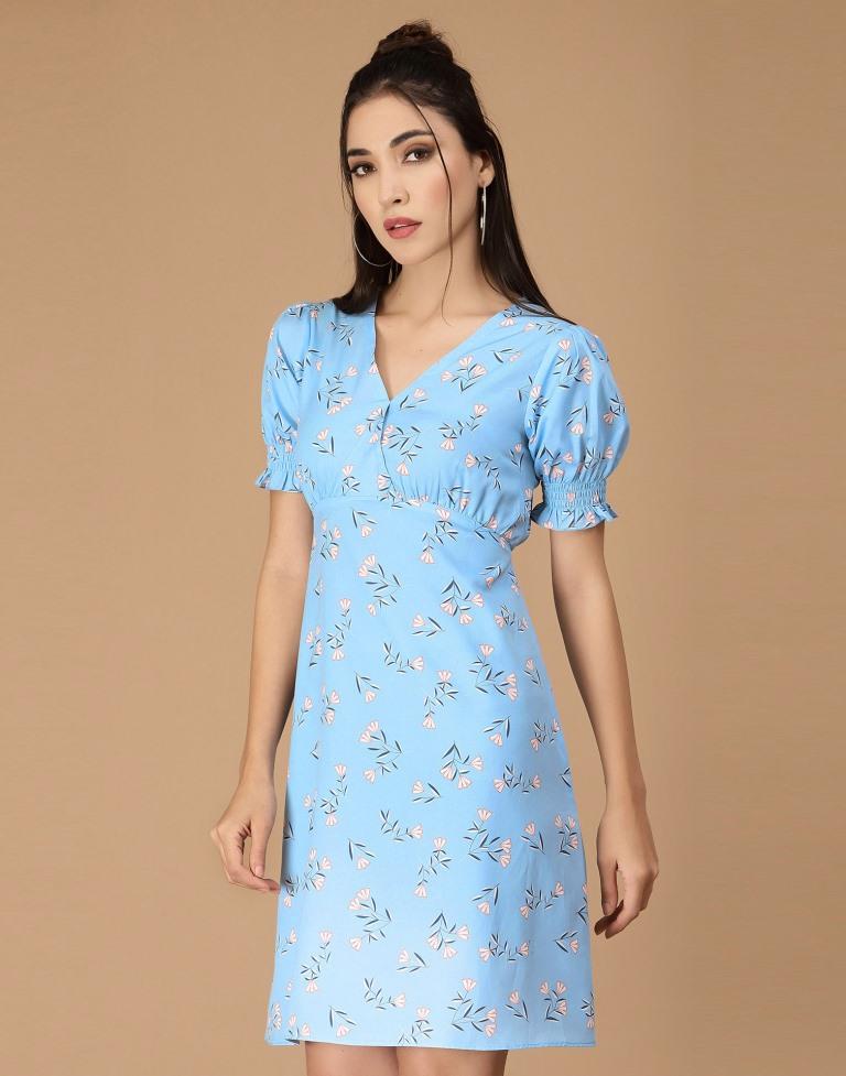 Light Blue Printed Straight Dress