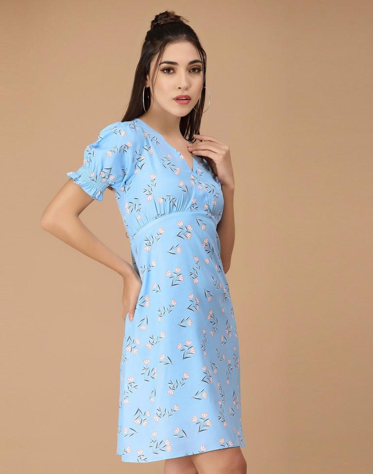 Light Blue Printed Straight Dress