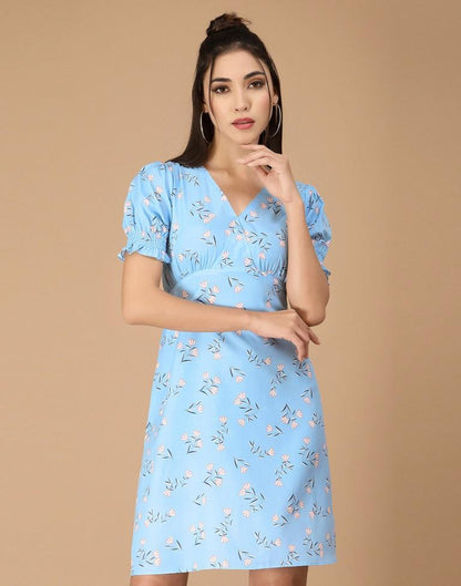 Light Blue Printed Straight Dress