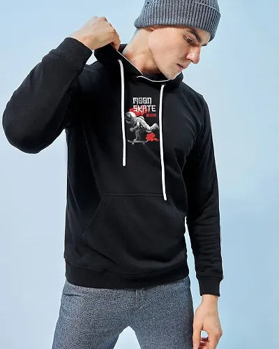 Elegant Black Wool Printed Long Sleeves Hoodies For Men