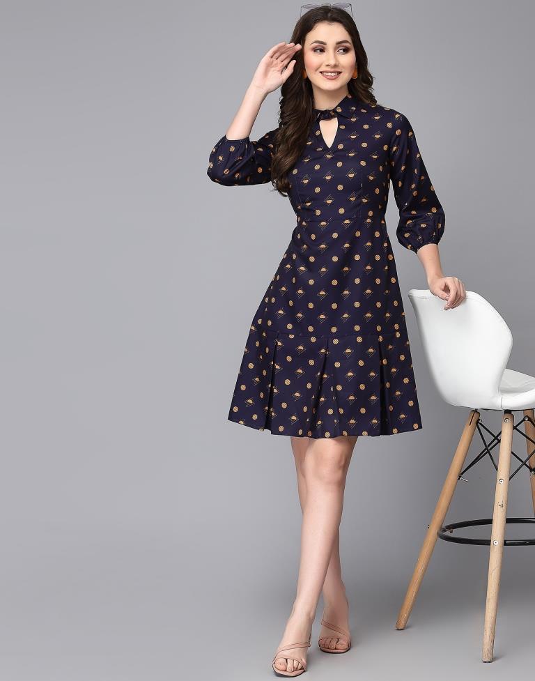 Navy Blue Printed Flared Dress