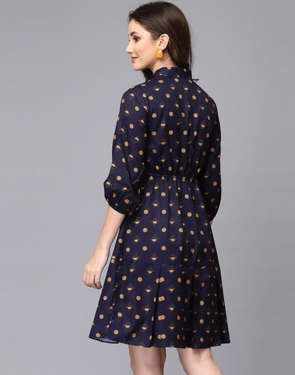 Navy Blue Printed Flared Dress