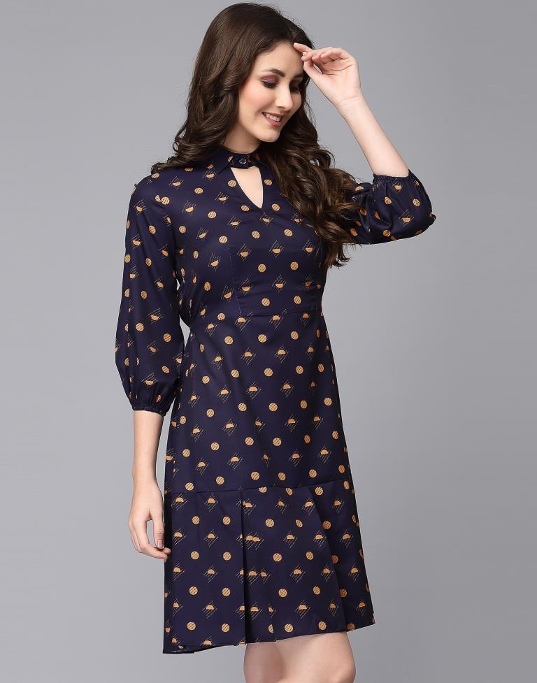 Navy Blue Printed Flared Dress