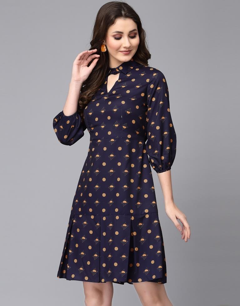 Navy Blue Printed Flared Dress