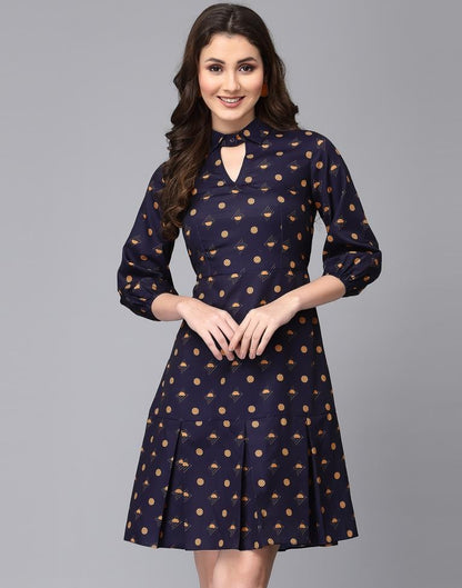 Navy Blue Printed Flared Dress