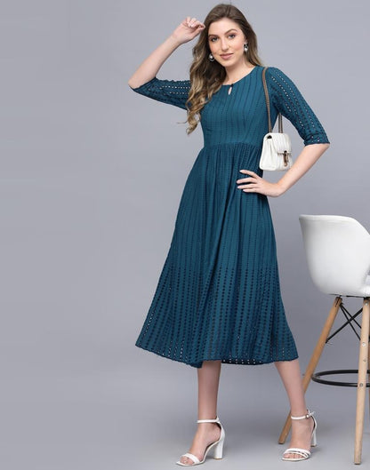 Teal Blue Rayon Plain Flared Dress