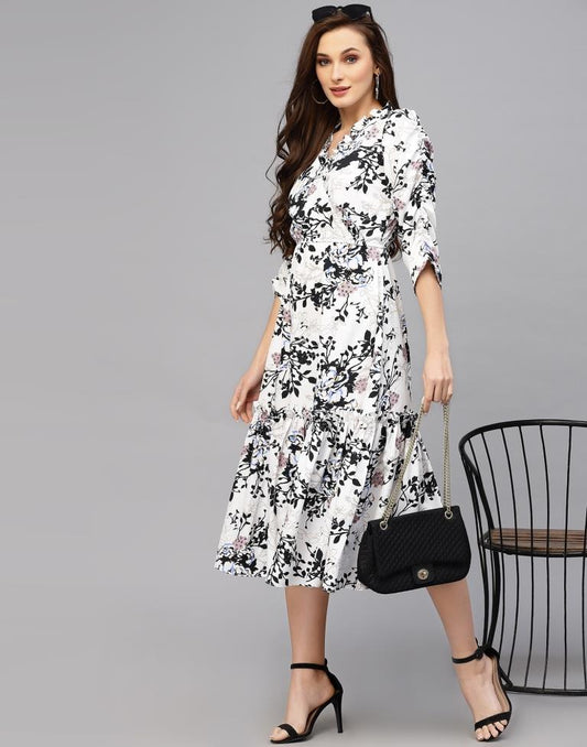 White Polyester Printed Flared Dress