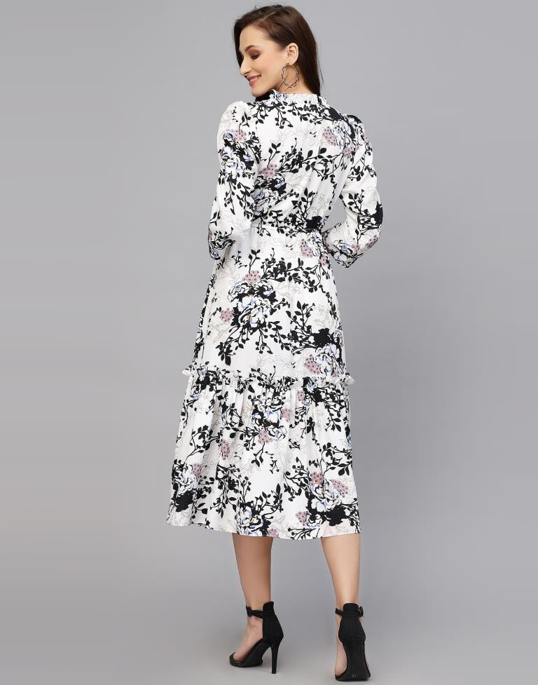 White Polyester Printed Flared Dress