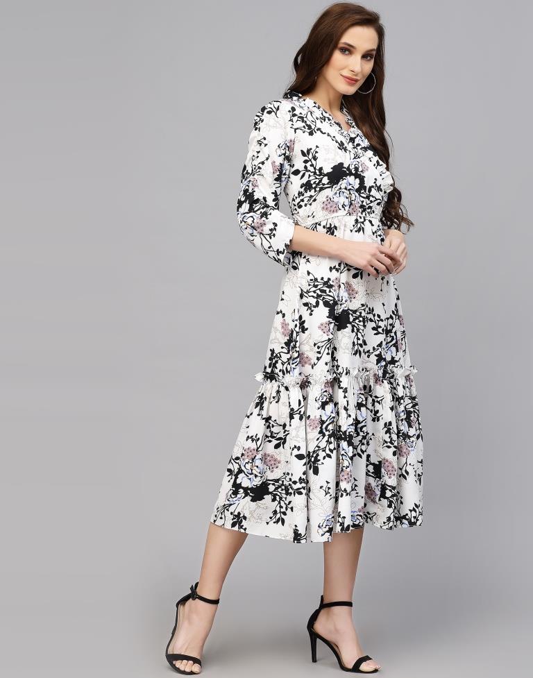 White Polyester Printed Flared Dress