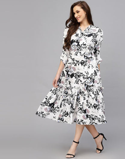 White Polyester Printed Flared Dress