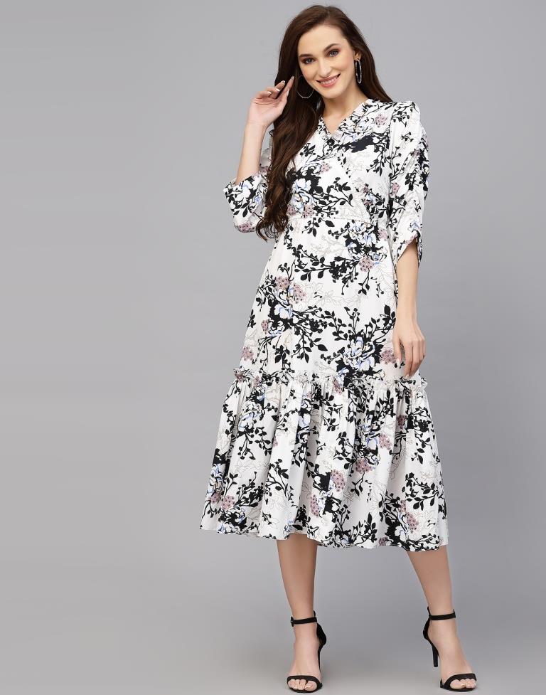 White Polyester Printed Flared Dress