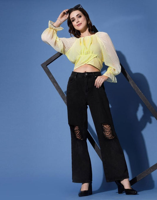 Yellow Self Woven Crop Top