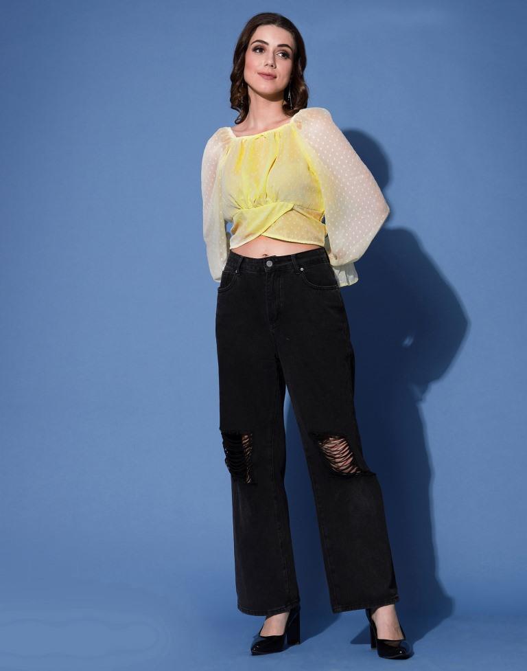 Yellow Self Woven Crop Top 