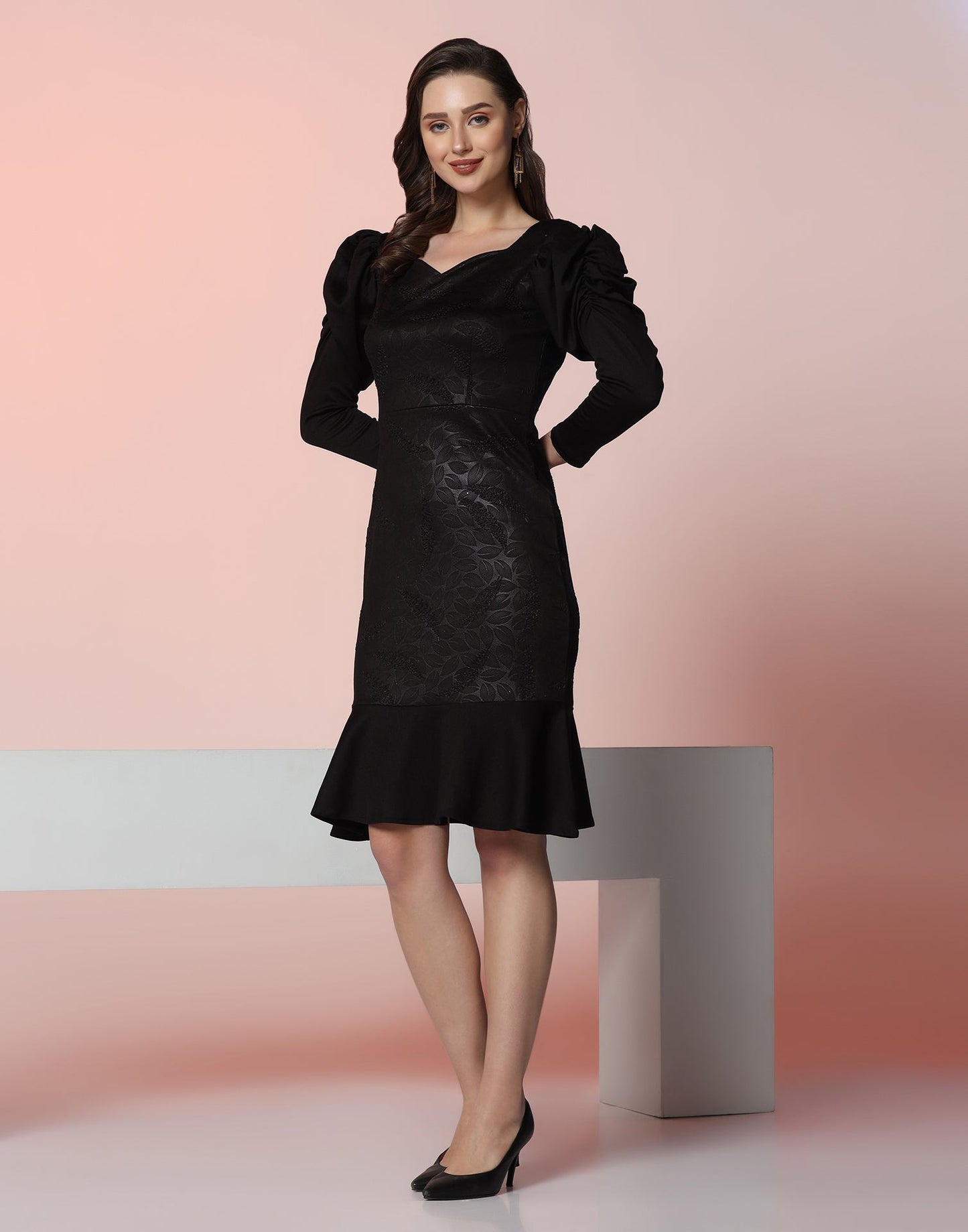 Black Lycra Frill Hem Dress