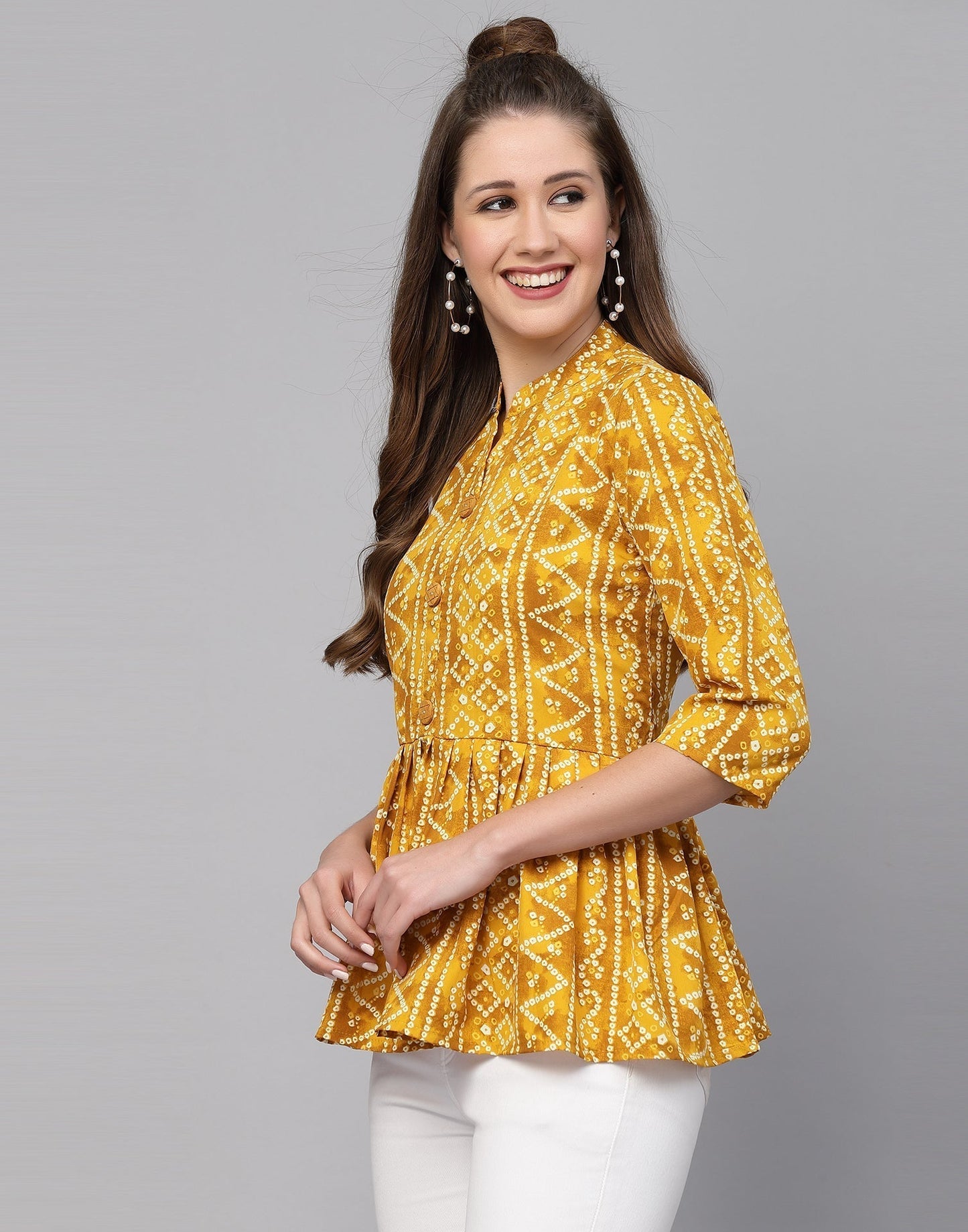 Yellow Gathered Bandhani Printed Top 